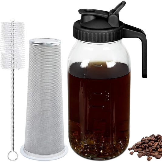 KISPATTI Cold Brew Coffee Maker 64oz - Iced Coffee Maker With Stainless Steel Filter, Mason Jar Pitcher With Lid and Spout (Black)