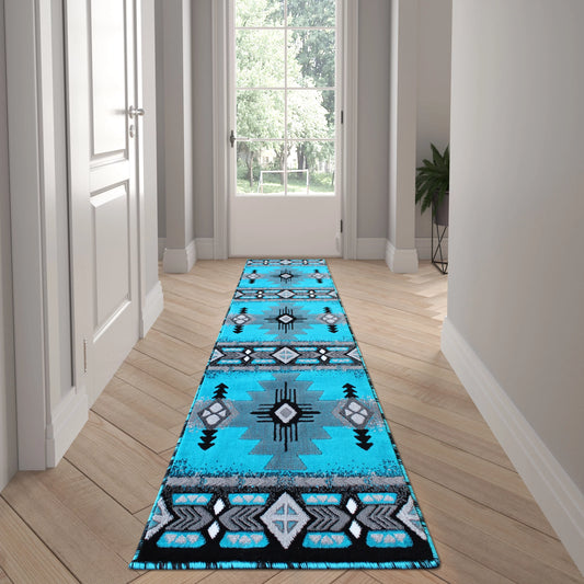 Emma + Oliver Fe 2x7 Turquoise Olefin Accent Rug with Complementary Southwestern Pattern in Beige, Black and Brown and Jute Backing