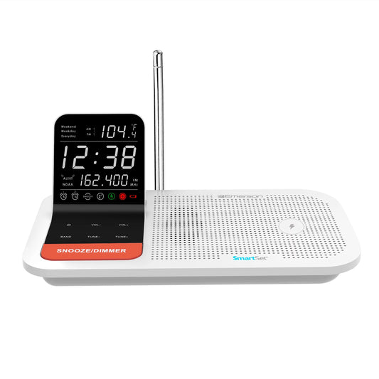 Emerson SmartSet Weather Band Dual Alarm Clock Radio, 15W Wireless  Charging, USB, Temp Sensor, WBS12