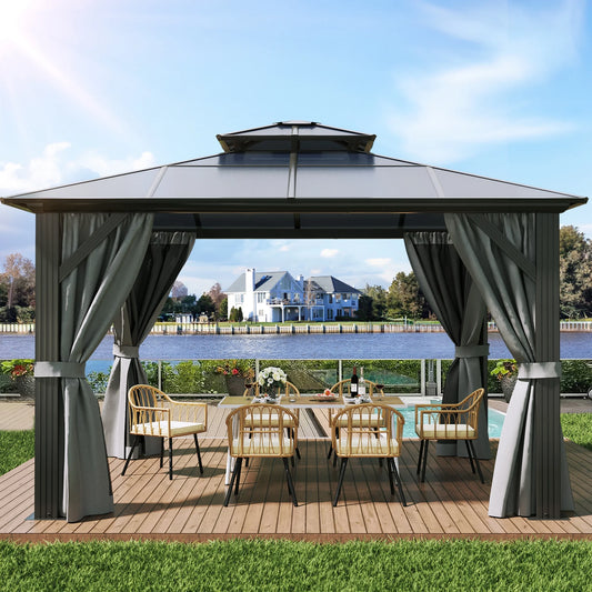 Dextrus 12x14FT Outdoor Double Roof Gazebo Polycarbonate Hardtop with Netting&Shaded Curtains,Sturdy Aluminum Frame Garden Tent,Ideal for Patio, Backyard,Deck and Lawns,Grey Curtain