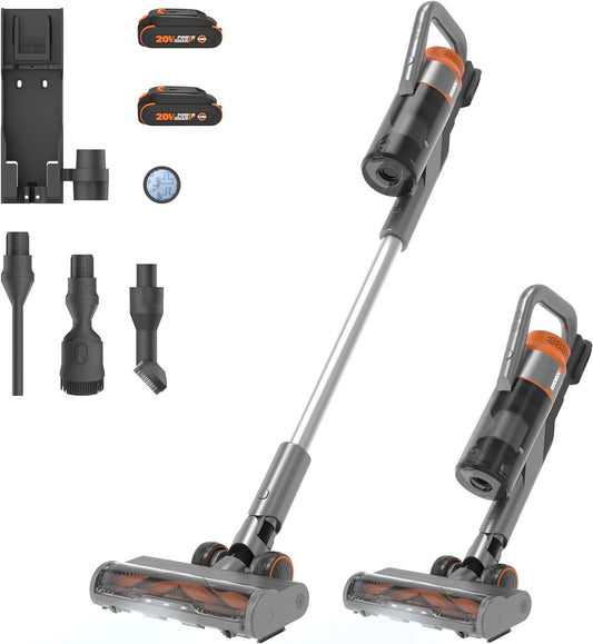 OUWI 20V Cordless Stick Vacuum, Powerful Cordless Vacuum Cleaner 25Kpa High Suction for Pet Hair, Lightweight Handheld Vacuum Cleans Floors Carpet Car – 2 Batteries & Wall-Mount Charger Included