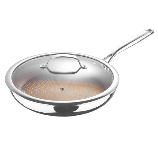 Giro by MasterPRO - 12 Tri Ply Clad Covered Fry Pan with Etched Non Stick Interior and Vented Glass Lid, 12 Inches, Polished