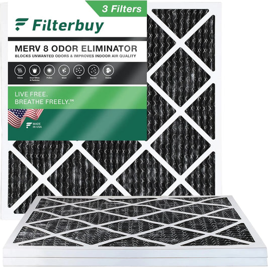 Filterbuy 20x20x1 MERV 8 Odor Eliminator Pleated HVAC AC Furnace Air Filters with Activated Carbon (3-Pack)