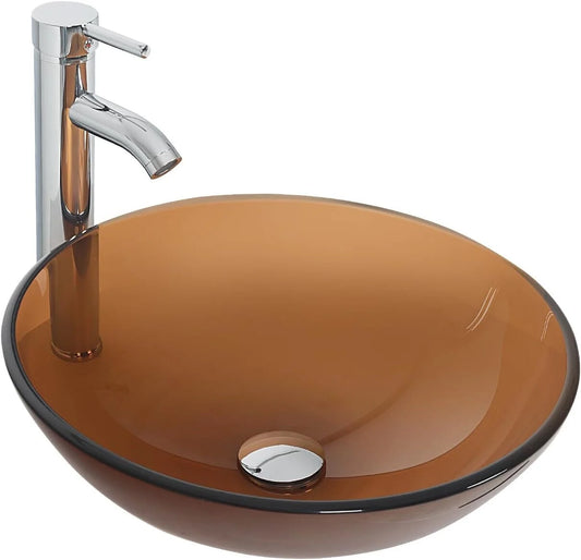 ELECWISH Bathroom Sink and Faucet Combo Tempered Glass Vessel Sink Basin Washing Bowl Set, Vanity Countertop Sink with chrome Pop-up Drain and Water Pipe for Lavatory Bathroom (Clear Crystal)