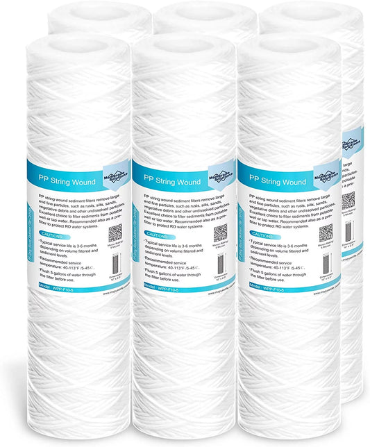 Membrane Solutions Universal String Wound Whole House Water Filter Replacement 1 Micron 10 x 2.5, 6 Pack