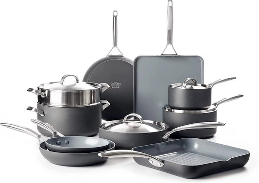 Excellent en Paris Pro Hard Anodized Healthy Ceramic Nonstick  11 Piece Cookware Pots and Pans Set with Stainless Steel Lids  PFAS-Free  Dishwasher Safe  Grey