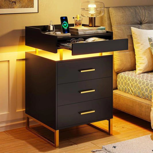 LED Nightstand with LED Lights&Charging Station&3 Drawers&Pull-Out Tray, Modern Bedside Table End Side Table for Bedroom Living Room, Black&Gold