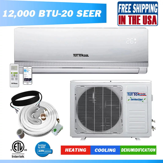 Air Conditioner Wall Mount Ductless Inverter + Mini Split Heat Pump, Tuttokool Wifi Ready 12000 BTU 20 SEER -115V