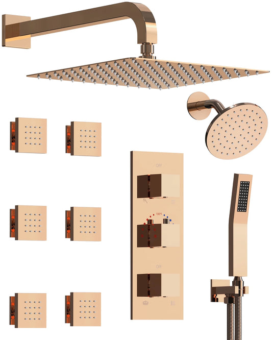 GRANDJOY Shower System 12 & 6 in. Dual Shower Heads Kit 8-Spray Wall Mount Fixed Shower Faucet Set with Handheld Spray, Massage Jets in Rose Gold