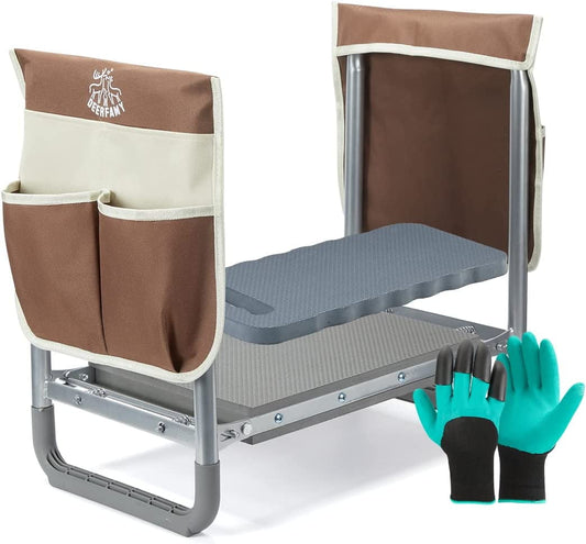 JOYTUTUS Folding Garden Kneeler Seat, Portable Gardening Bench Stool Soft Kneeling Foam Pad W/Tool Pouch&Gloves, Capacity 350 Lbs