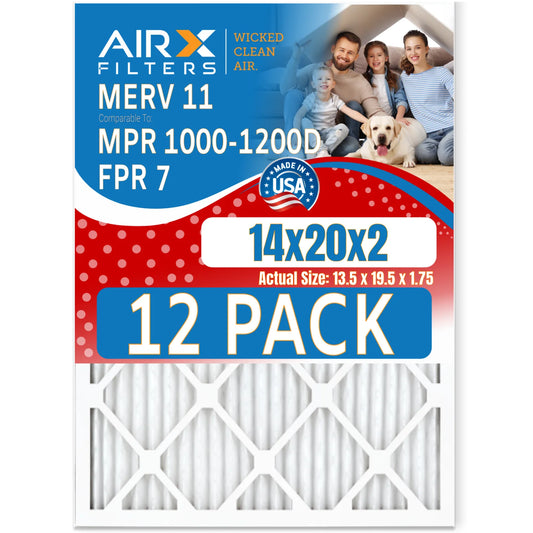 14x20x2 Air Filter MERV 11 Rating, 12 Pack of Furnace Filters Comparable to MPR 1000, MPR 1200 & FPR 7 - Made in USA by AIRX FILTERS WICKED CLEAN AIR.