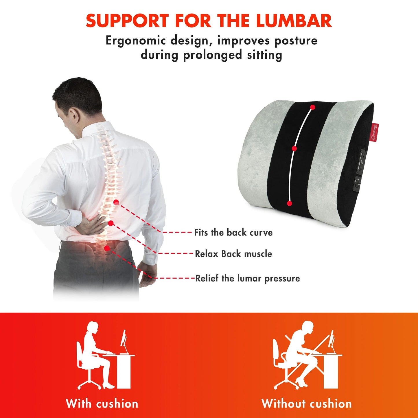 HealthMate Heated Massage Lumbar Cushion - Gray