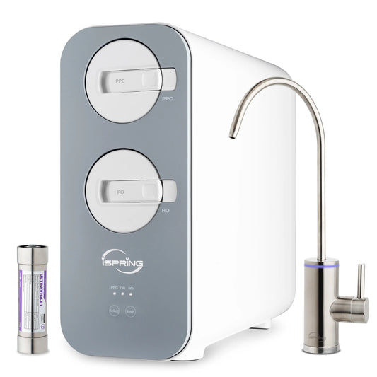 iSpring RO800G+UVF8 Tankless Reverse Osmosis System with LED UVF8 Light, 800 GPD Fast Flow RO System, 2.5:1 Pure to Drain Ratio RO Water Filter System, Brushed Nickel Faucet