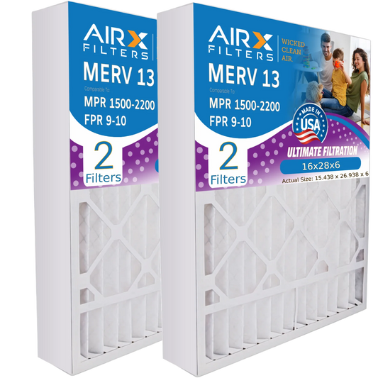 16x28x6 Air Filter MERV 13 Comparable to MPR 1500 - 2200 & FPR 9 Compatible with Aprilaire 401 Premium USA Made 16x28x6 Furnace Filter 2 Pack by AIRX FILTERS WICKED CLEAN AIR.