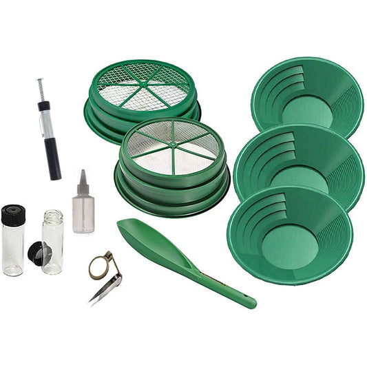 11pc Gold Panning Kit 1/8 & 1/2 Classifiers 14 10 8 Green Gold Pans, Sniffer Bottle, 2 Vials, Scoop, Tweezers