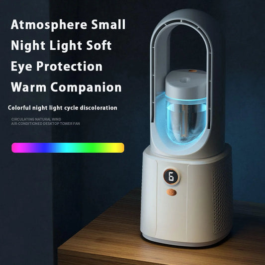 Angfeng New bladeless fan Bladeless spray fan Usb silent desktop bedroom night light Humidified electric fan Portable camping(White)2