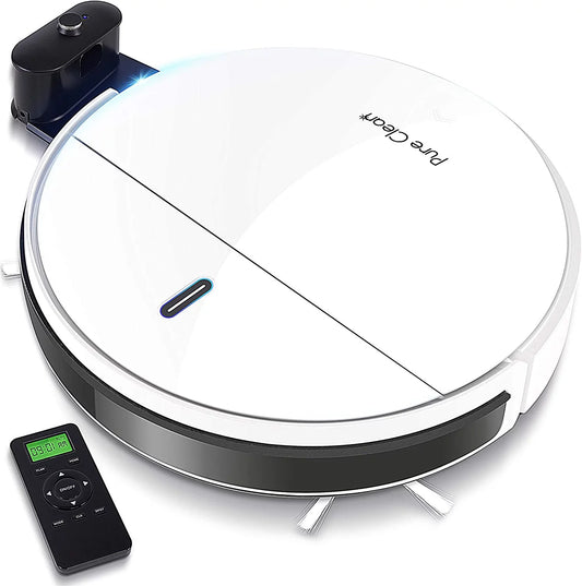 Pure Clean Smart Automatic Robot Cleaner-1400 PA Charging Robo Vacuum Cleaner with Docking Station, Self Activation, Anti-Fall Sensors-Carpet, Hardwood, Linoleum, Tile, White