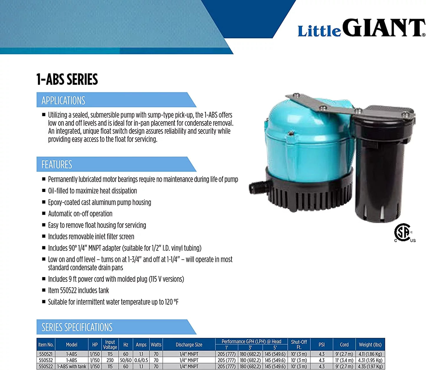 Little Giant 550521 1-ABS Condensate Removal Pump