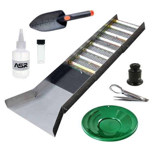 ASR Outdoor Sluice Box Gold Prospecting Kit Pan Vial Snifter Trowel Tweezer 7pc