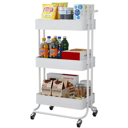 Wisdom Star 3-Tier Utility Rolling Cart,Multi-Functional Storage Trolley for Office,Living Room,Kitchen,Laundry,White