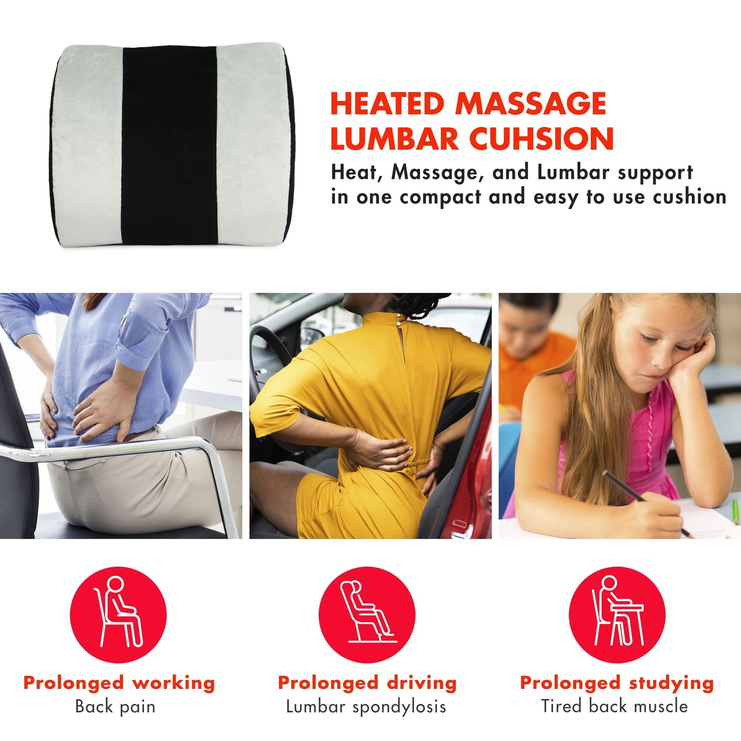 HealthMate Heated Massage Lumbar Cushion - Gray