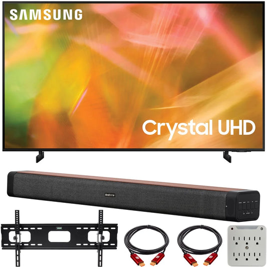 Samsung UN50AU8000 50 inch UHD 4K Crystal UHD Smart LED TV (2021) Bundle with Deco Home 60W 2.0 Channel Soundbar, 37-70 inch TV Wall Mount Bracket Bundle and 6-Outlet Surge Adapter