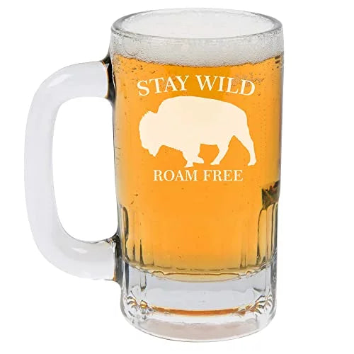 12oz Beer Mug Stein Glass Buffalo Stay Wild Roam Free