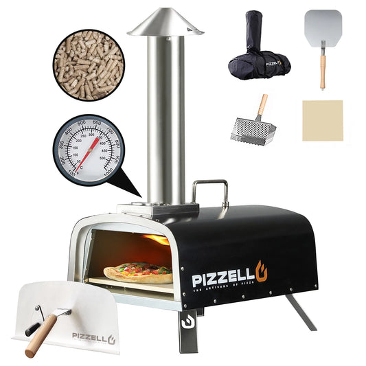 PIZZELLO Pellet Pizza Oven 12 Outdoor Wood Fired Pizza Ovens with Pizza Stone, Pizza Peel, Fold-up Legs, Cover, Thermometer, Chimney - Black