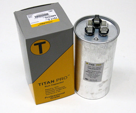 TitanPro TRCFD7075 HVAC Round Dual Motor Run Capacitor. 70/7.5 MFD/UF440/370
