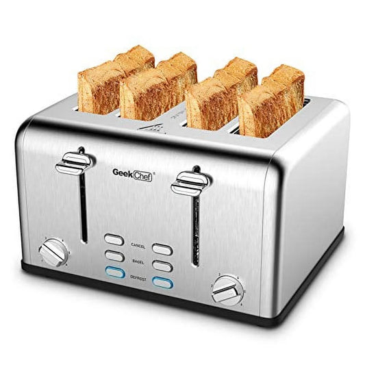 Toaster 4 Slice, Geek Chef Stainless Steel Extra-Wide Slot Toaster with Dual Control Panels of Bagel/Defrost/Cancel Function, 6 Toasting Bread Shade Settings, Removable Crumb Trays, Auto Pop