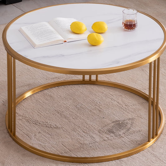 CoSoTower Sintered Stone Round Coffee Table With Golden Stainless Steel Frame