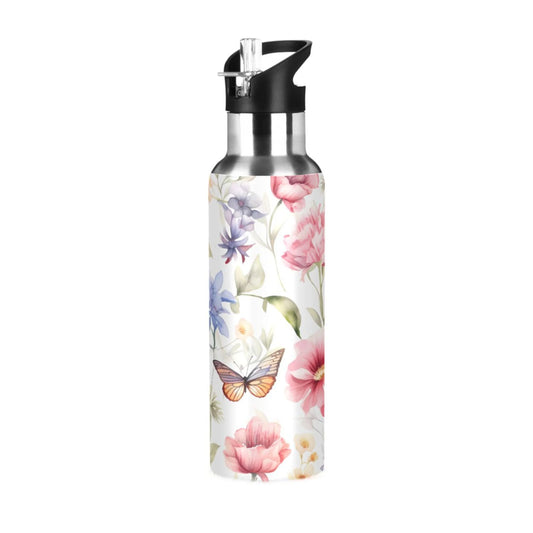 Water Bottle with Straw Lid Leak Butterflies with Flower Stainless Steel Insulated Thermos Vacuum Flask for Cold Hot Drinking for Sports Camping Gym Yoga