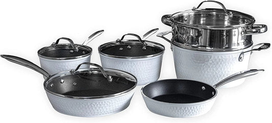 White Hammered Collection - Non-Toxic, Non-Stick Ceramic 10 Piece Cookware Set With Glass Lids, Scratch-Resistant, Oven Safe With Upgraded Handles, Safe Pan For All Stovetops