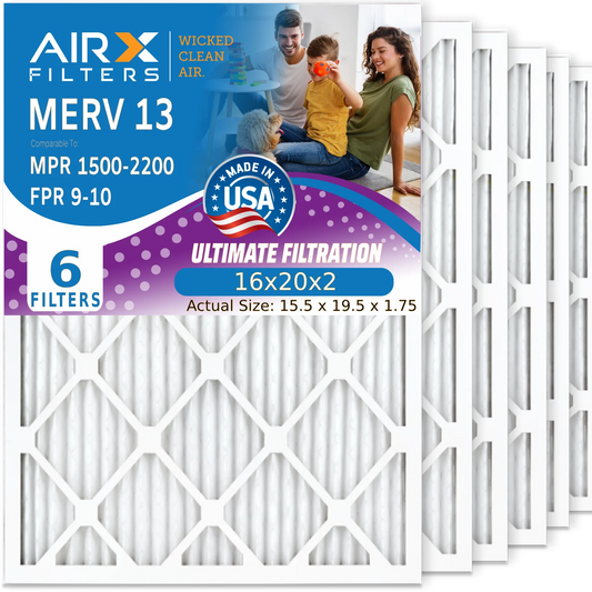 16x20x2 Air Filter MERV 13 Comparable to MPR 1500 - 2200 & FPR 9 Electrostatic Pleated Air Conditioner Filter 6 Pack HVAC AC Premium USA Made 16x20x2 Furnace Filters by AIRX FILTERS WICKED CLEAN AIR.
