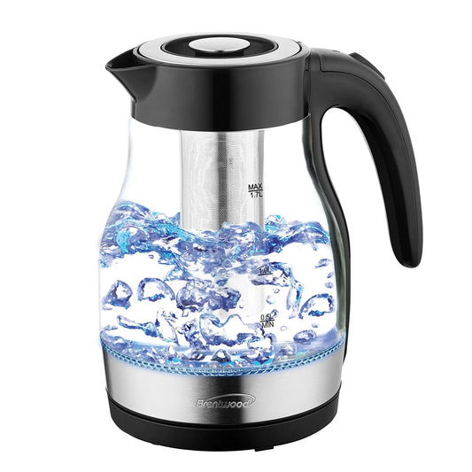 Brentwood KT-1962W 1.7L Cordless Electric Glass Tea Kettle Pot with Tea Infuser