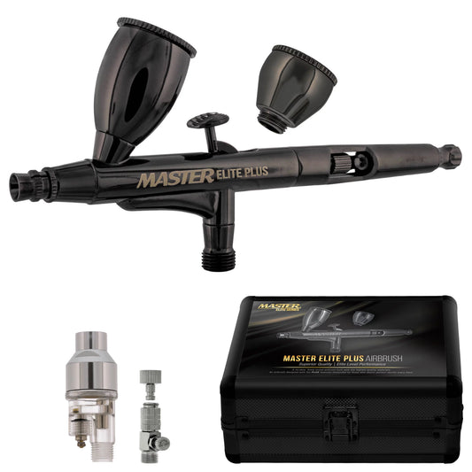Master Elite Plus Airbrush Set, Model 120 - Elite Level Spray Performance Dual-Action Gravity Feed Airbrush Kit with Case, 0.3mm Tip, 2 Cups, Filter - Art, Cake, Tattoo, Craft Hobby Paint