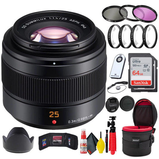 Panasonic Leica DG Summilux 25mm f/1.4 II ASPH Lens + 2x 64GB SD Cards Bundle