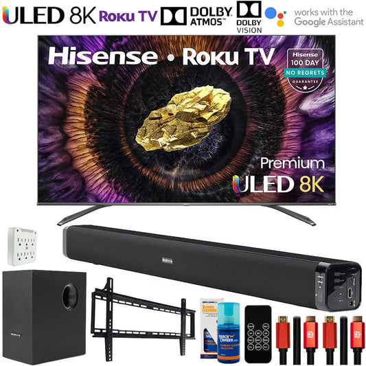 Hisense 75U800GR 75 Inch ULED 8K Premium Quantum Dot Roku Smart TV 2021 Bundle with Deco Gear Home Theatre Soundbar with Subwoofer, Wall Mount Accessory Kit, 6FT 4K HDMI 2.0 Cables and More