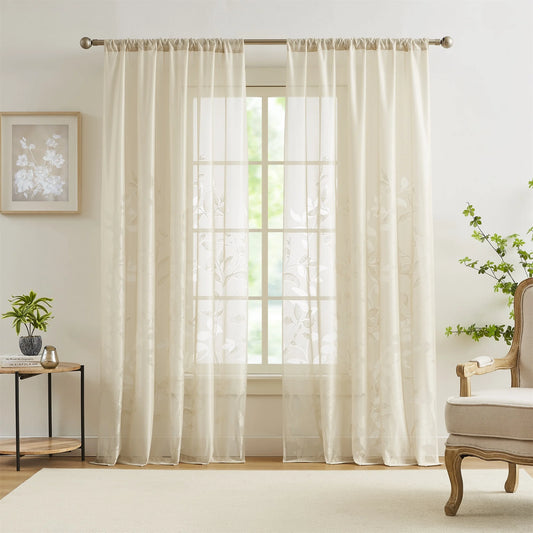 Flowpartex Leaf Lace Sheer Curtains for Bedroom Beige Botanical Leaf Knitted Lace Curtain Rod Pocket Light Filtering Drapes,52 Wx84L,2 Panels