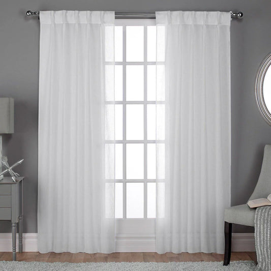 Exclusive Home Belgian Textured Linen Look Sheer Pinch Pleat/Hidden Tab Top Curtain Panel Pair, 108 Length, Winter White