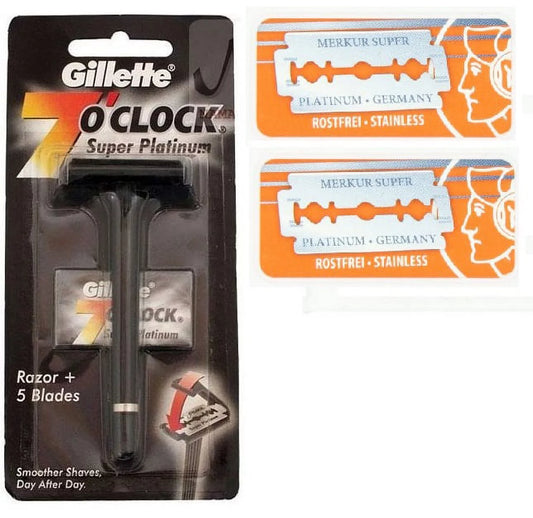 Gillette 7 O'Clock Super Platinum Safety Razor w/ 5 Blades + Merkur Double Edge Safety Razor Blades 10 ct. (Pack of 2)