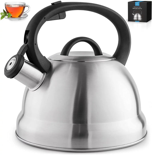 Zulay Kitchen 1.75 Quart Whistling Tea Kettle Stovetop - Triple Layered Stainless Steel Tea Kettle with Push-Button Switch Cool Touch Handle - Fast Boiling Whistling Tea Kettle For Stove Top