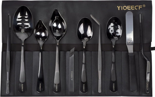 FJU Plating Tools Culinary Set, Plating Tools Tweezers Scoop Set, Professional Stainless Steel Plating Set, 11-Piece Black,Leather Bag