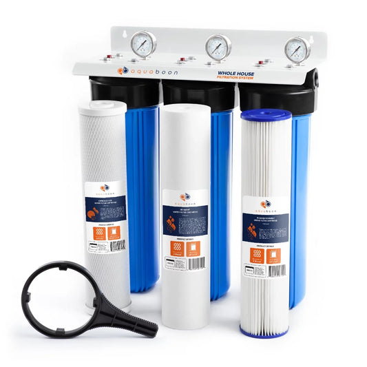 3-Stage 20 Whole House Filtration System by Aquaboon+Housing Bracket+Pressure Gauges+Carbon Block+Sediment+Pleated Sediment Filter Cartridges