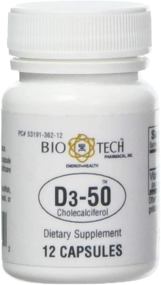 Bio-Tech Pharmacal D3-50 50,000 IU, 12 Capsules – All-Natural Supplement – Supports Bone & Immune Health – No Dairy, Fish, Gluten, Peanut, Shellfish, & Soy