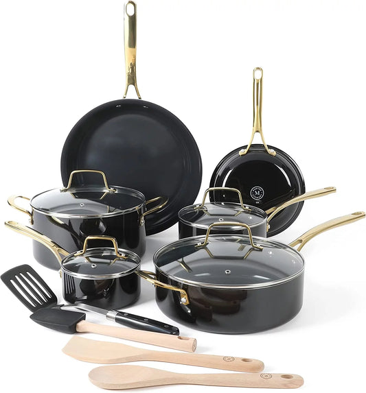 Excellent en 14 Piece Premium Non-Stick Heavy-Gauge Aluminum Cookware Combo Set (Pots  Pans  and Tools) - Black w/ Gold Handles