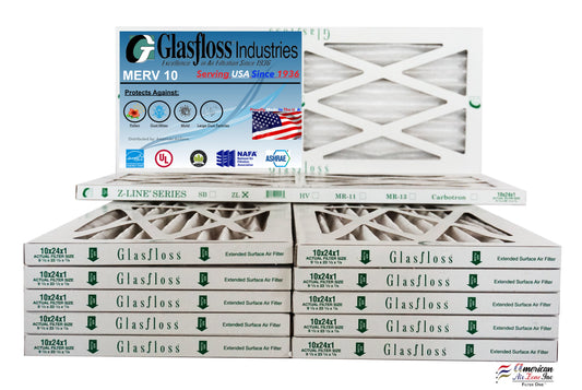 Glasfloss 10x24x1 - MERV 10 -Qty:12 - Furnace Air Filter - Made in USA (Actual Size: 9.5 x 23.5x7/8 inch)