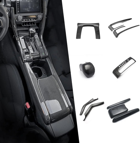 Xotic Tech Interior Gear Upper Panel Console Side Gear Shift Button Frame w/ Knob Armrest Box Cover Trim Combo Kit , Carbon Fiber Pattern , Compatible with Honda Civic 10th Gen 2016-2021
