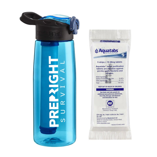 Prep-Right Survival Water Filtration Bottle and 50 Count Pack of Aquatabs in Teal