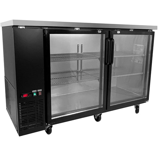 FSE 60 Inch Narrow Bar Back Refrigerator Cooler, Counter Height with Two Swing Glass Doors, LED Lighting, Stainless Steel Top, Black, 115v,MBB-6024G